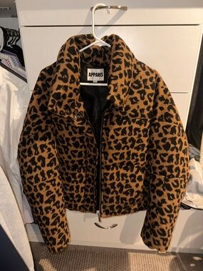 Apparis Leopard-Print Puffer Jacket in Tan and Black